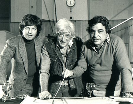 Ilya Salkind, Jerry Goldsmith, and Jeannot Szwarc on the set of SUPERGIRL (1984)