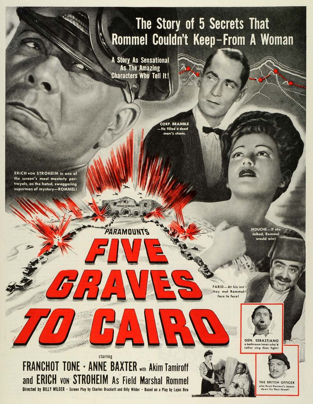 Anne Baxter, Erich von Stroheim, Fortunio Bonanova, Akim Tamiroff and Franchot Tone in Five Graves to Cairo (1943)