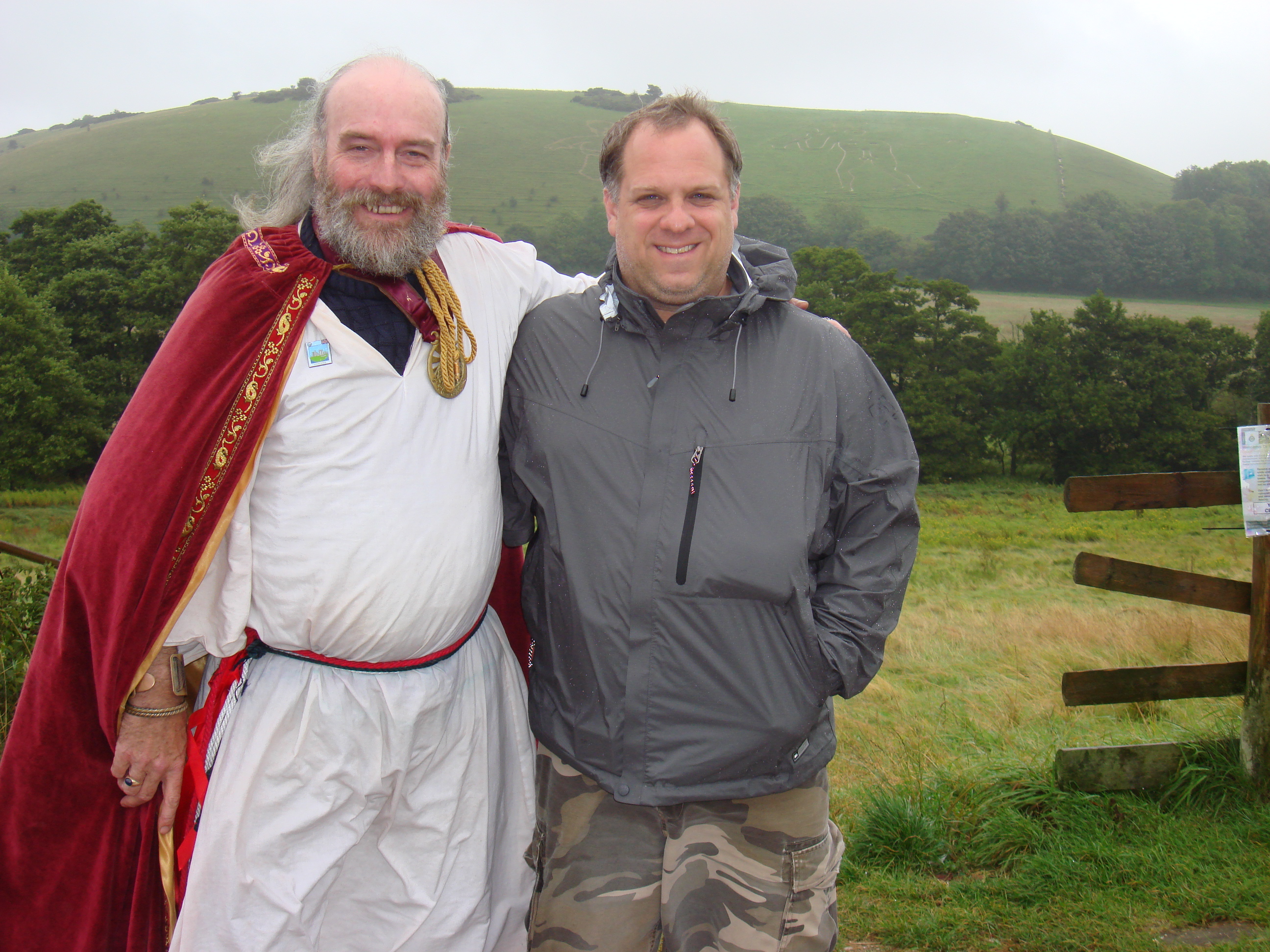Paul Tarantino with Rollo Maughfling the arch druid of Stonehenge during production of THE NATURE OF EXISTENCE in front of the Cerne Abbas Giant, Dorset, England.