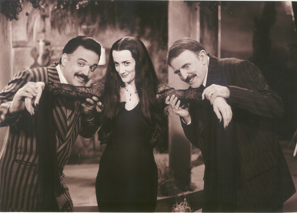 Glenn Taranto (Gomez) and John Astin (Grandpapa) fight for the affections of Ellie Harvie (Morticia) on the set of THE NEW ADDAMS FAMILY