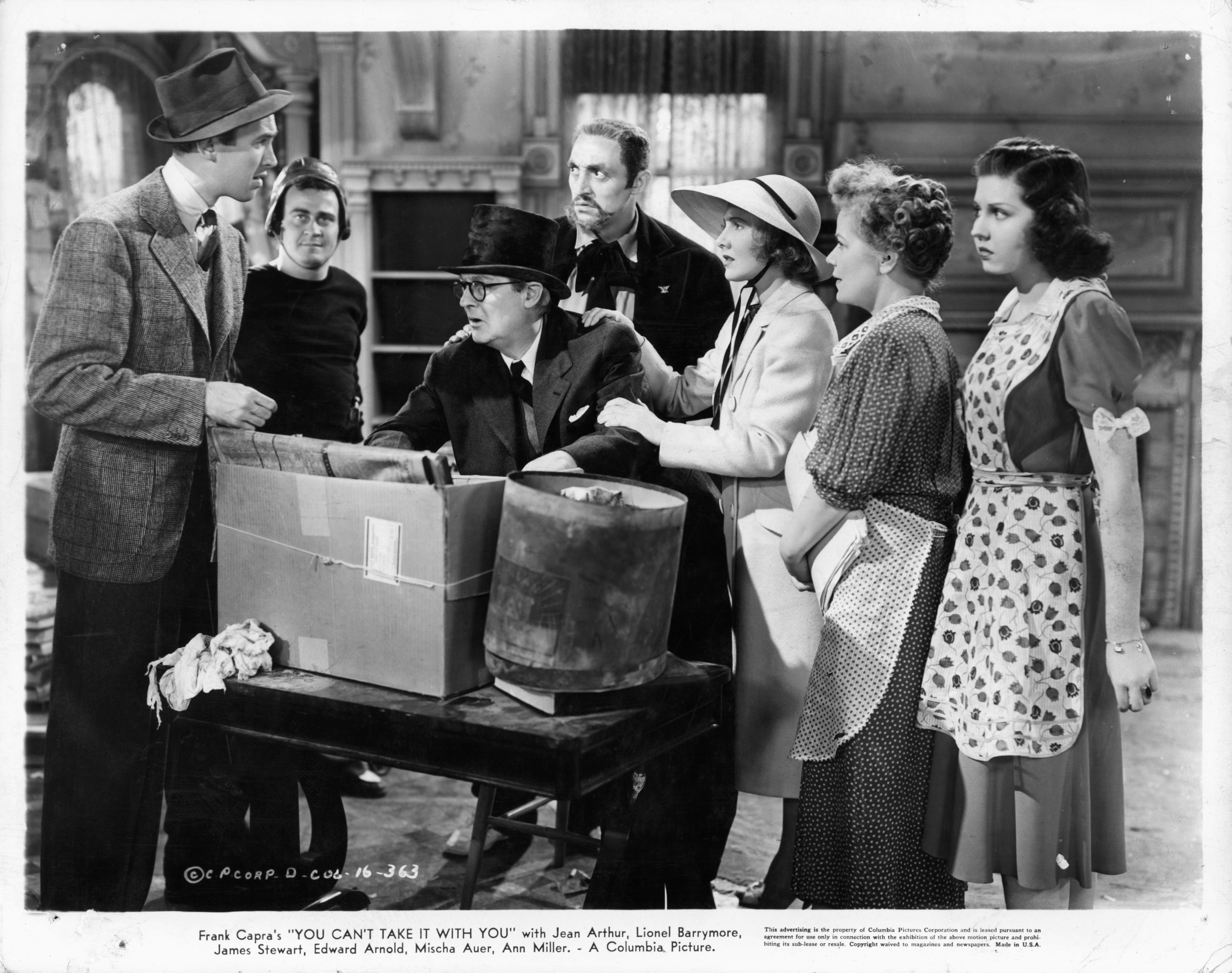 Still of James Stewart, Lionel Barrymore, Spring Byington, Mischa Auer, Ann Miller and Dub Taylor in You Can't Take It With You (1938)
