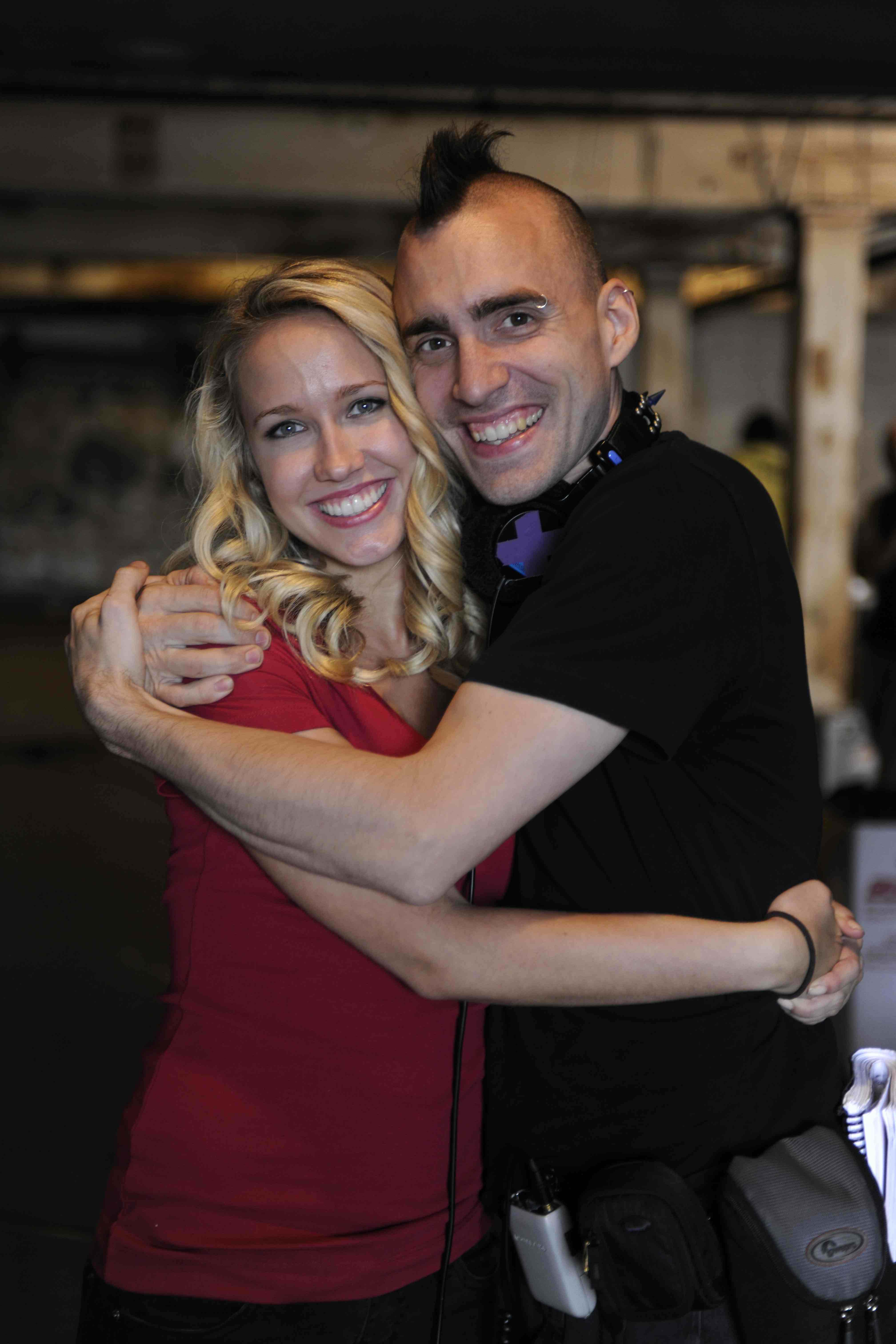 Director Nate Taylor with actor Anna Camp on the set of 