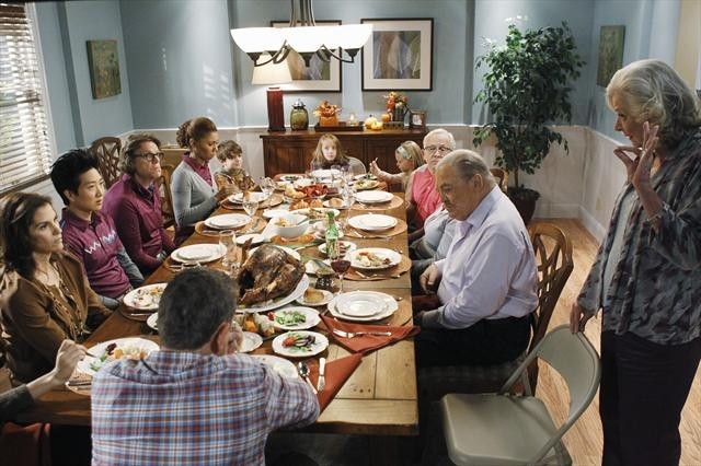 Still of Jami Gertz, Stacy Keach, Leslie Jordan, Debra Mooney, Simon Templeman, Lenny Venito, Toks Olagundoye, Max Charles, Tim Jo and Isabella Crovetti-Cramp in The Neighbors (2012)