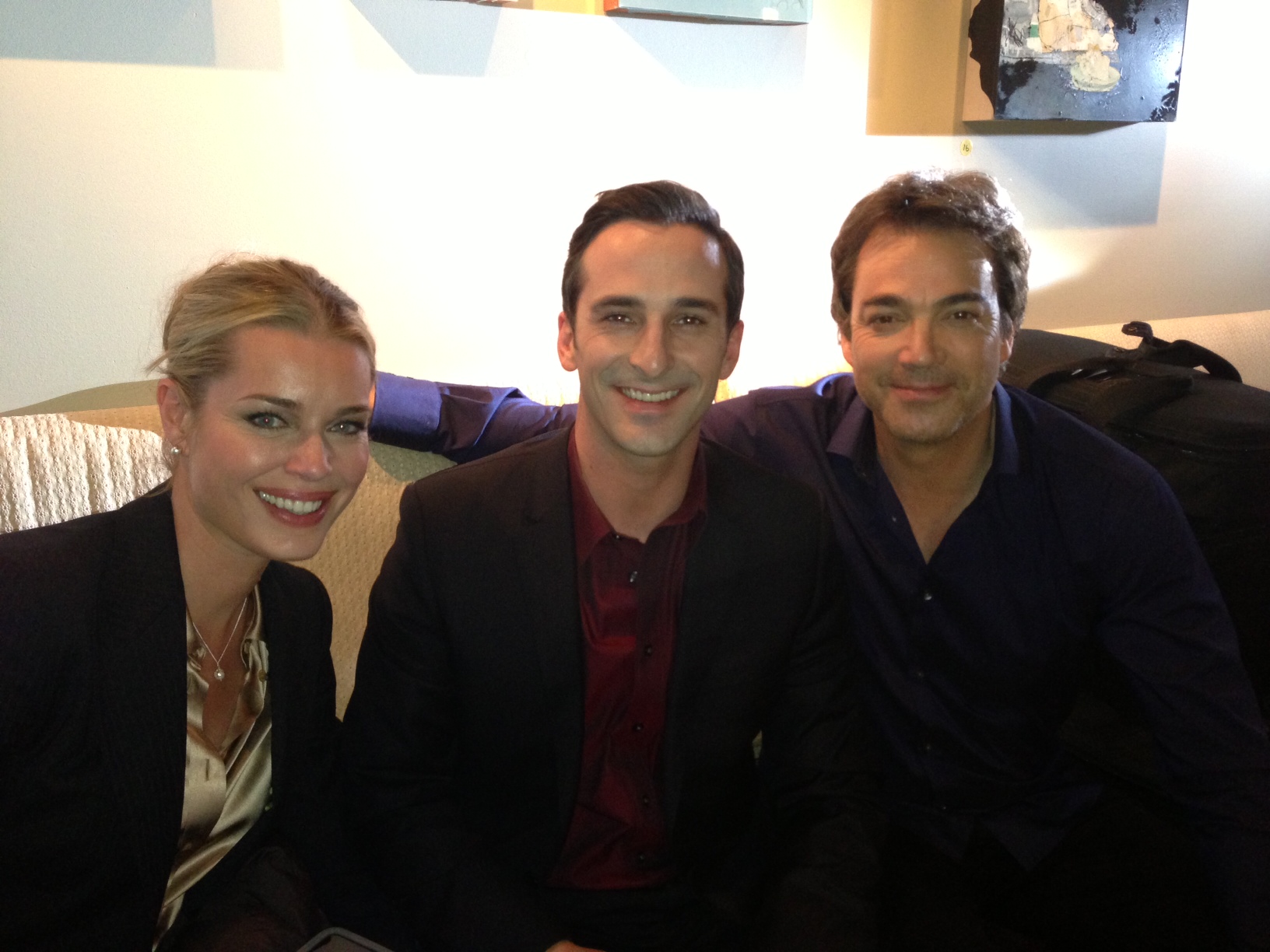 Michael Patrick Denis on set of King and Maxwell with Jon Tenney and Rebecca Romijn.