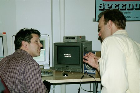 Carl Thibault (writer/director/producer) discussing a scene with student (Paul Rabin) at The Edit Center in N.Y.