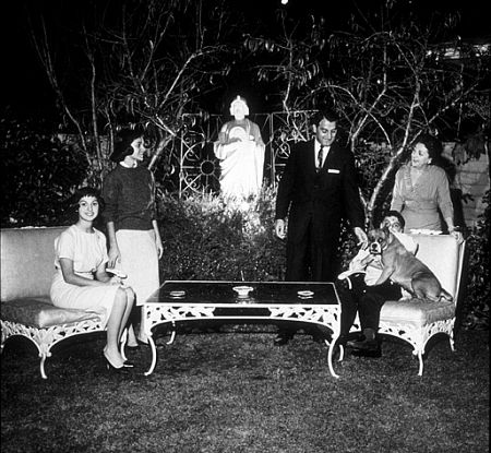 Danny Thomas with his wife, Rosemary, and children, Theresa, Marlo, and Tony, at home in Beverly Hills, CA, 1958.