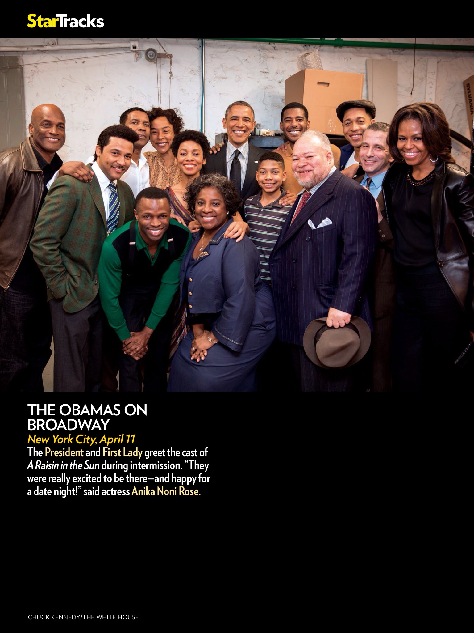 President Barack Obama and Michele Obama visit with Sean Patrick Thomas and the Broadway cast of A Raisin In the Sun starring Denzel Washington, 2014.