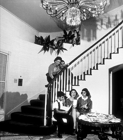 Danny Thomas with his wife, Rosemary, and children, Tony, Margret, and Theresa, at home in Beverly Hills, CA, 1958.