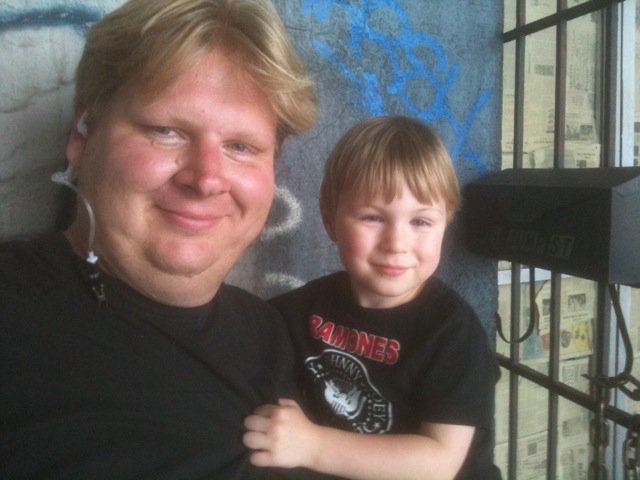 Kai Thorup and son Dax on the set of 