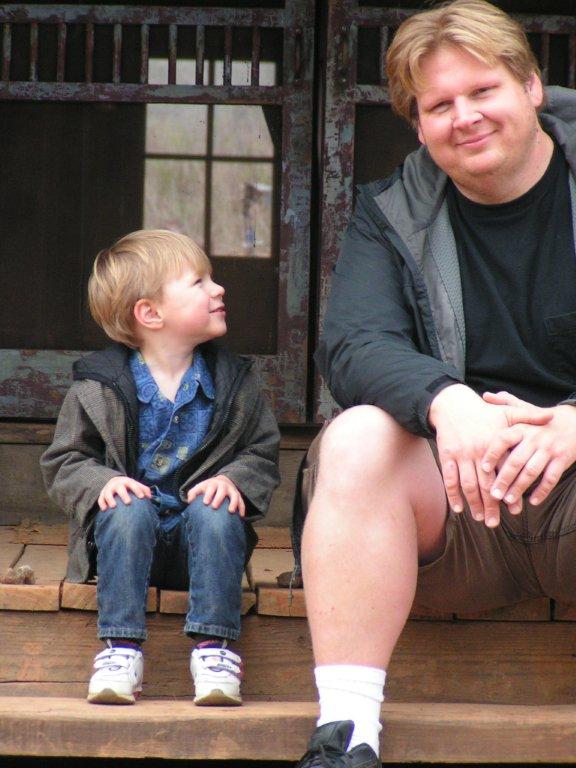 Kai Thorup and his son Dax on the set of 