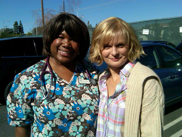 On set of RAISING HOPE, Martha Plimpton, Leslie Thurston