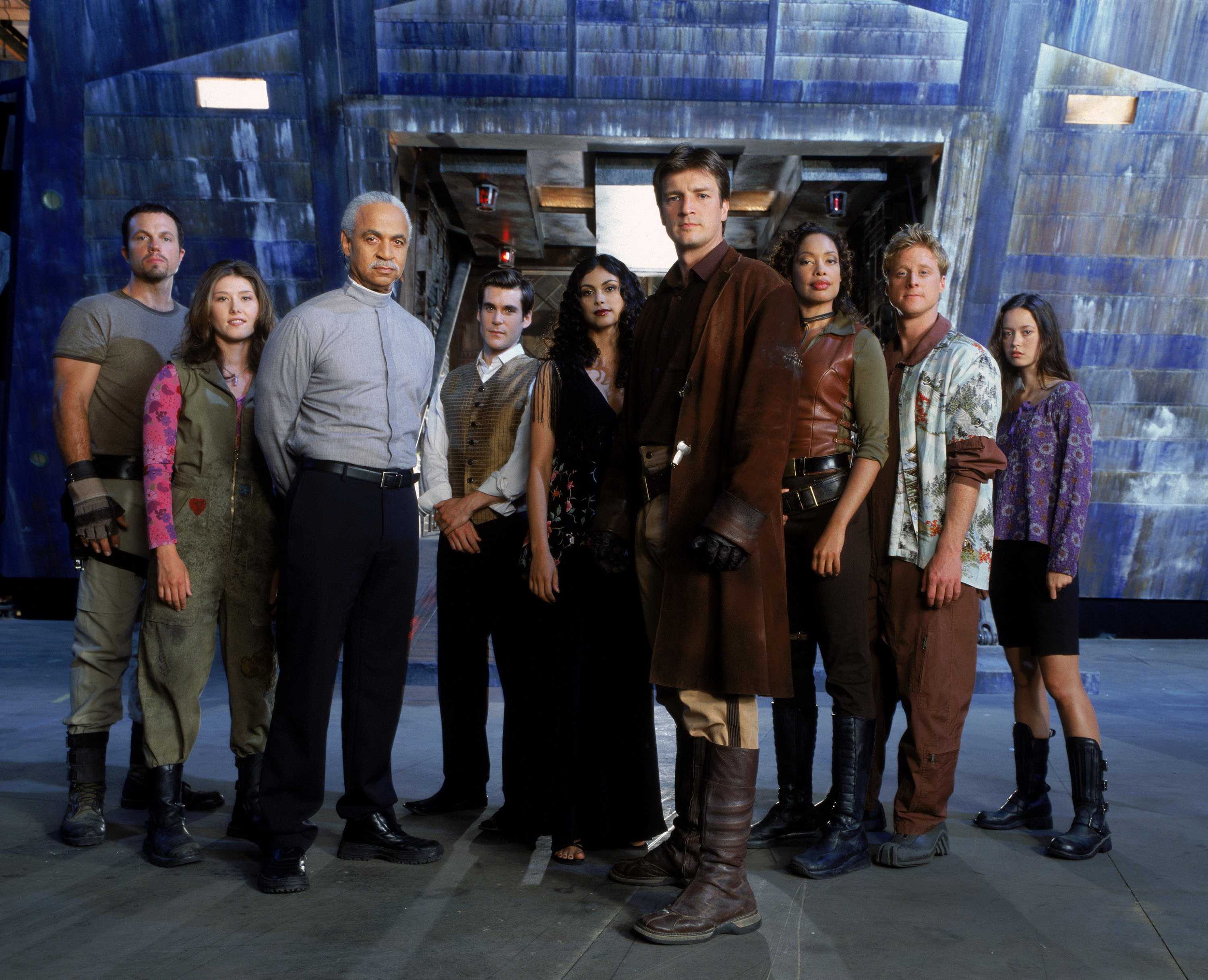 Still of Adam Baldwin, Nathan Fillion, Sean Maher, Jewel Staite, Gina Torres, Alan Tudyk and Morena Baccarin in Firefly (2002)