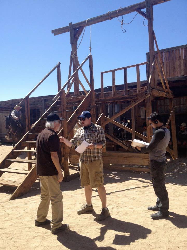 Writer/Director Thomas Torrey with cinematographer Reynaldo Villalobos and script supervisor Jared Ronin on the set of House of the Righteous (2014).