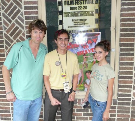 Director: Ryan Tower, SAUFF President: Adam Rocha, Actor: Serena Taylor outside Aztec Theatre in San Antonio, Texas.