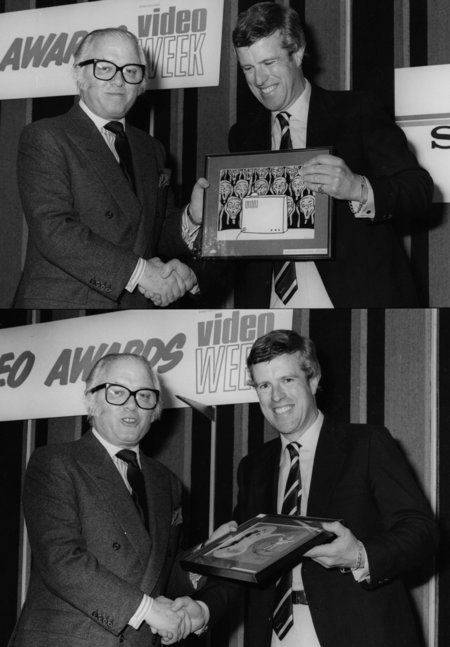 Richard Lord Attenborough graciously presents producer/director Christopher Toyne with two top 1982 International Video Week Philips Awards .
