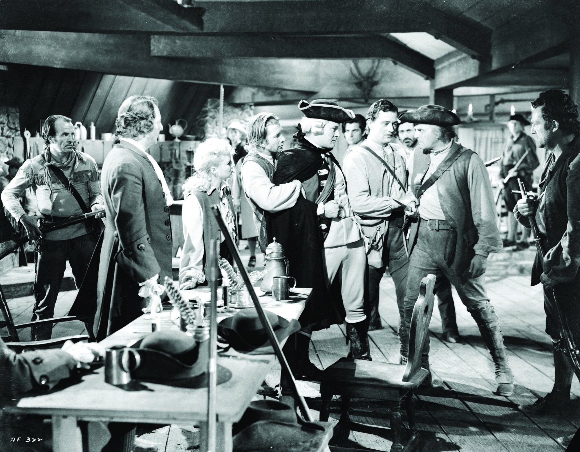 Still of John Wayne, George Sanders, Robert Barrat, Stanley Blystone and Claire Trevor in Allegheny Uprising (1939)