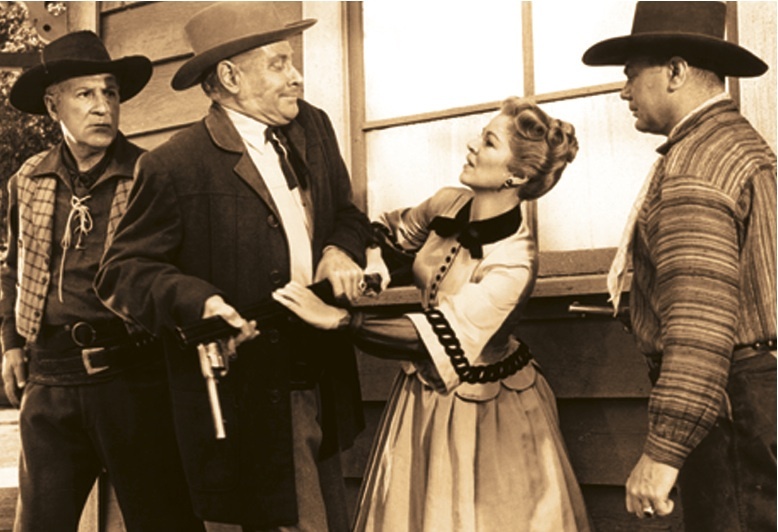 Still of Ernest Borgnine, George Macready, Jack Perrin and Claire Trevor in The Stranger Wore a Gun (1953)