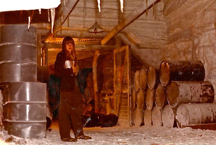 Susan Turner visiting live-action ice cave set at Universal to take measurements for miniature.