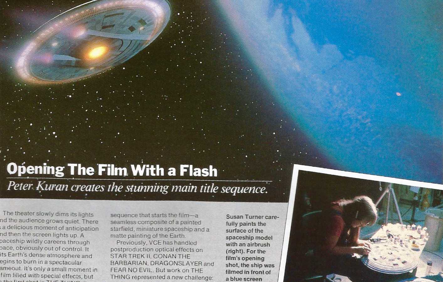 Page of Cinefantastique Magazine THING article, showing me painting the spaceship I built.