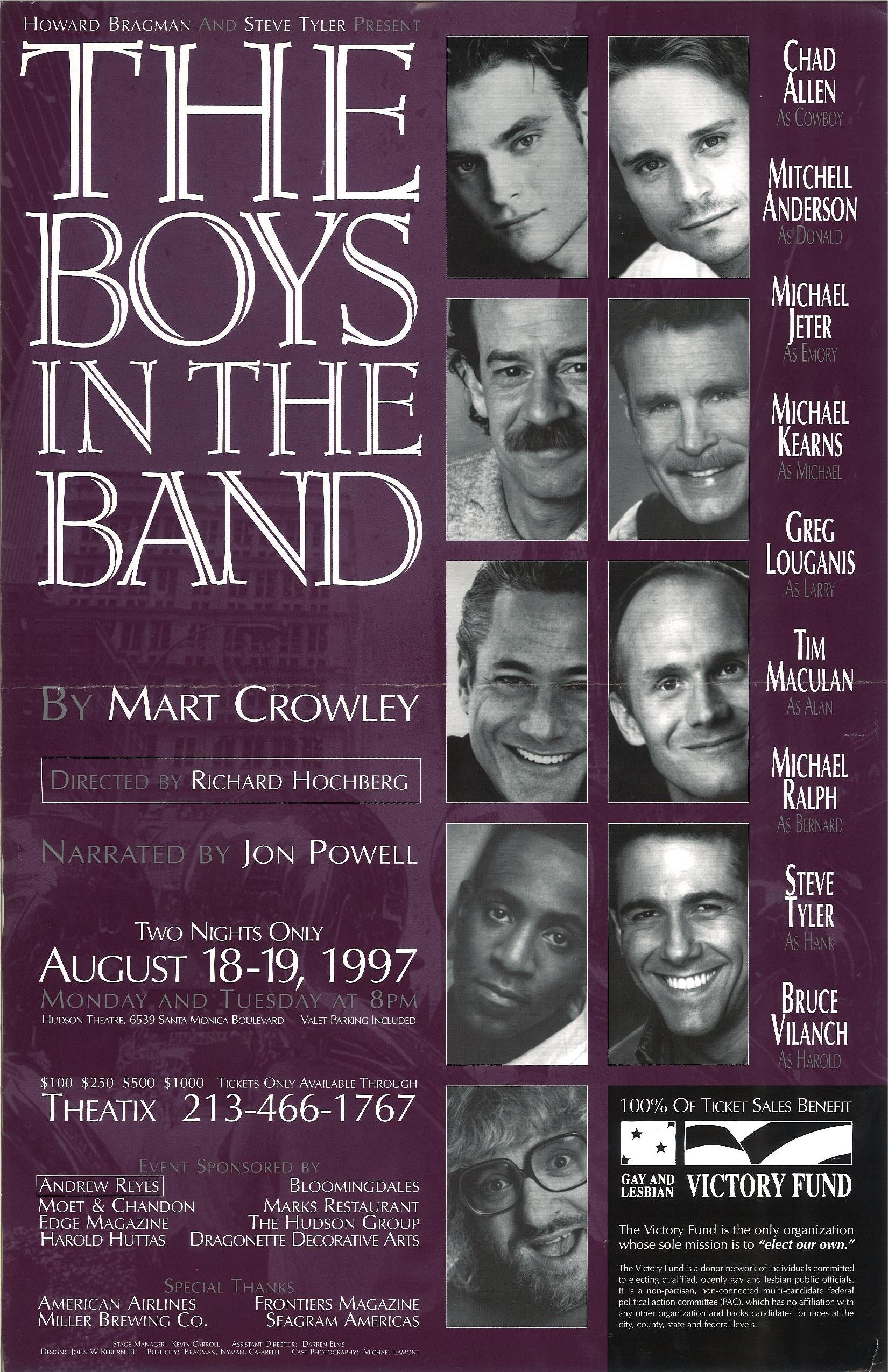 THE BOYS IN THE BAND- Chad Allen, Mitchell Anderson, Michael Jeter, Michael Kearns, Greg Louganis, Steve Tyler, Bruce Vilanch, Michael Ralph, Directed By Richard Hochberg