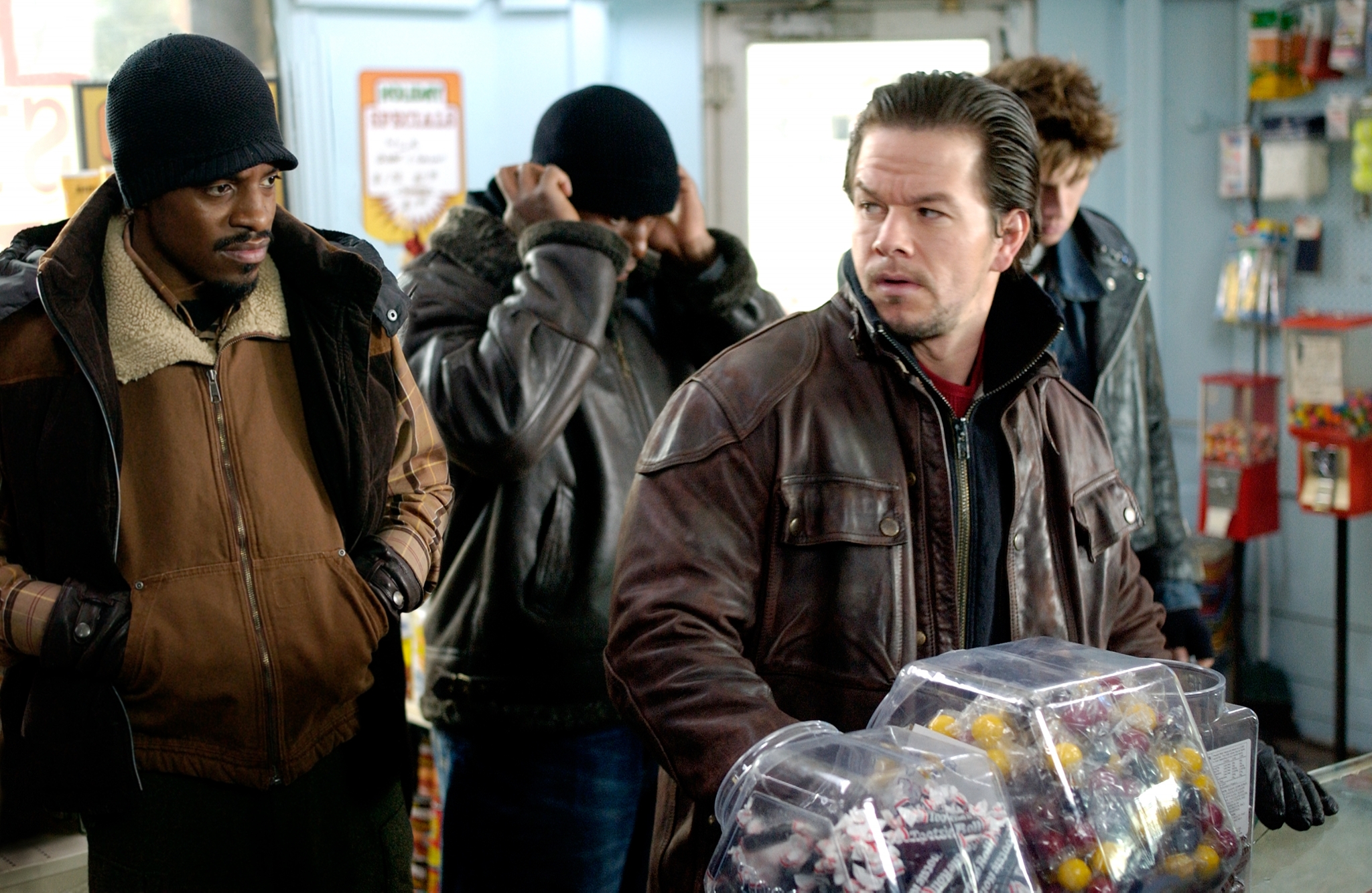 Still of Mark Wahlberg, André Benjamin, Tyrese Gibson and Garrett Hedlund in Four Brothers (2005)