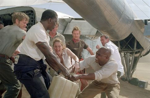 The surviving passengers of a downed plane lost in the Mongolian desert struggle for their most precious commodity: water. Pictured, left to right are: Scott Michael Campbell as Liddle, Tyrese Gibson as AJ, Miranda Otto as Kelly, Dennis Quaid as Towns, Tony Curran as Rodney, Kirk Jones as Jeremy, and Hugh Laurie as Ian.