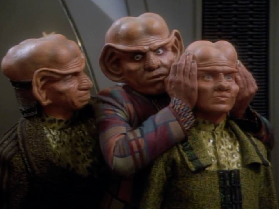 Pel the First female Ferengi on Deep Space Nine ( Armen Shimerman is holding her ears)