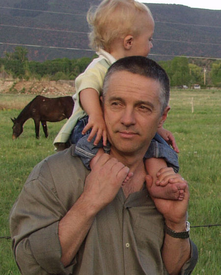 Anton Uhl and son, Griffin on their ranch/studio near Aspen