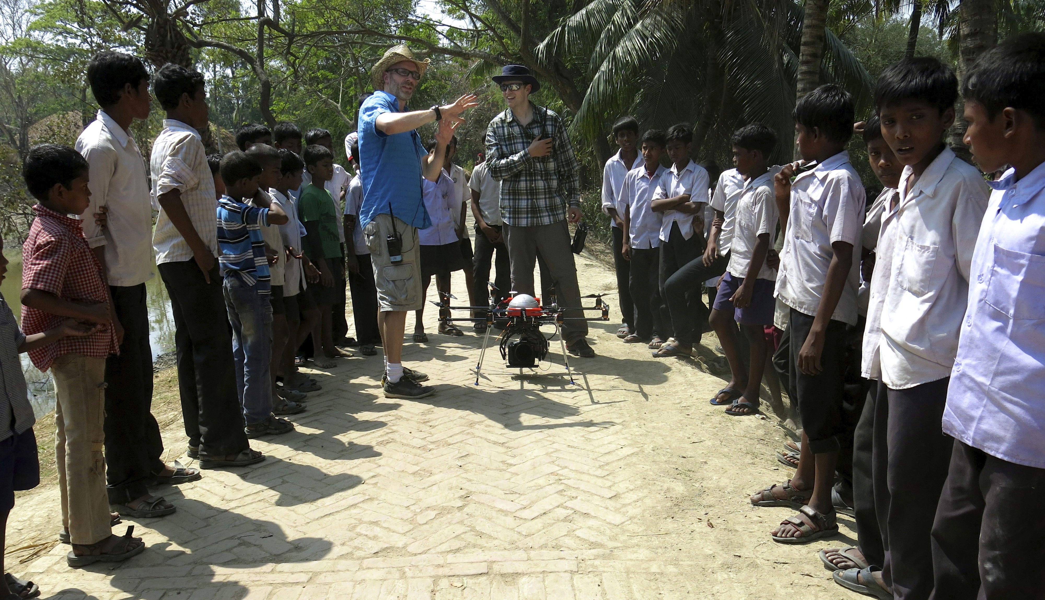 Setting up an octocopter shot with Dionys Frei from Dedicam. Bali Island School, India.