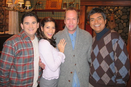 Valente Rodriguez, Constance Marie, Vern Urich and George Lopez on the set of THE GEORGE LOPEZ SHOW, October 2004