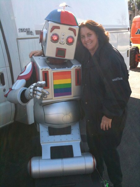 Ingrid Urich-Sass with Gay Robot while shooting Nick Swardson's show