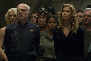 Still of Michael Hogan, Donnelly Rhodes, Kate Vernon and Tricia Helfer in Battlestar Galactica (2004)