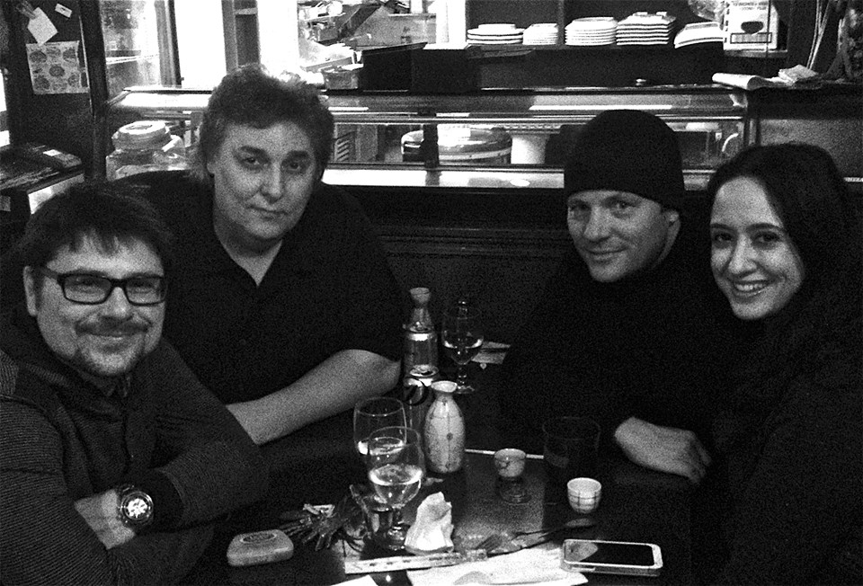 Long time friends and film brothers Brian Vincent Kelly and Michael Rodrick of UNDERHELLGATE BRIDGE, dine with producer Isil Bagdadi and director/producer Michael Sergio of CAVU pics. The movie is still shown and appreciated 10 years later.