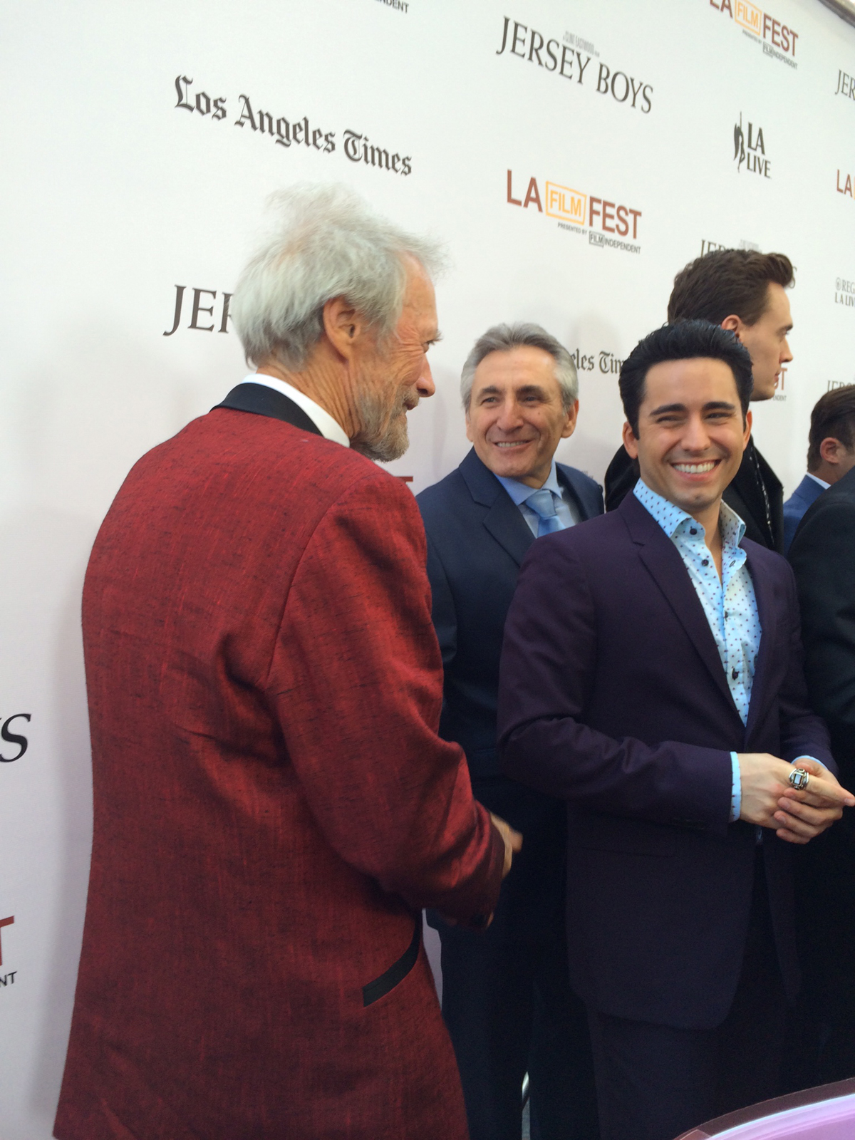 Lou Volpe, Clint Eastwood & John Lloyd Young on red carpet for the Jersey Boys movie premiere.