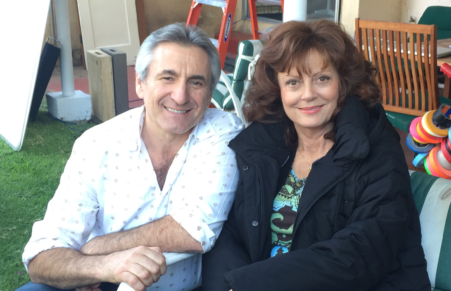 Susan Sarandon and Lou Volpe on the set of The Meddler