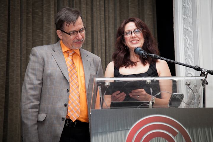 Actor Karen Waddell and Al Maciulus presenting at The Canadian Cinema Editor Awards 2012.