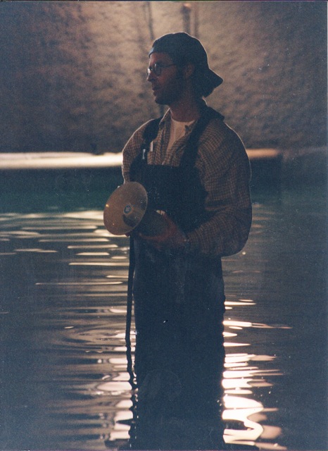 James Wahlberg on a water filled shooting stage.