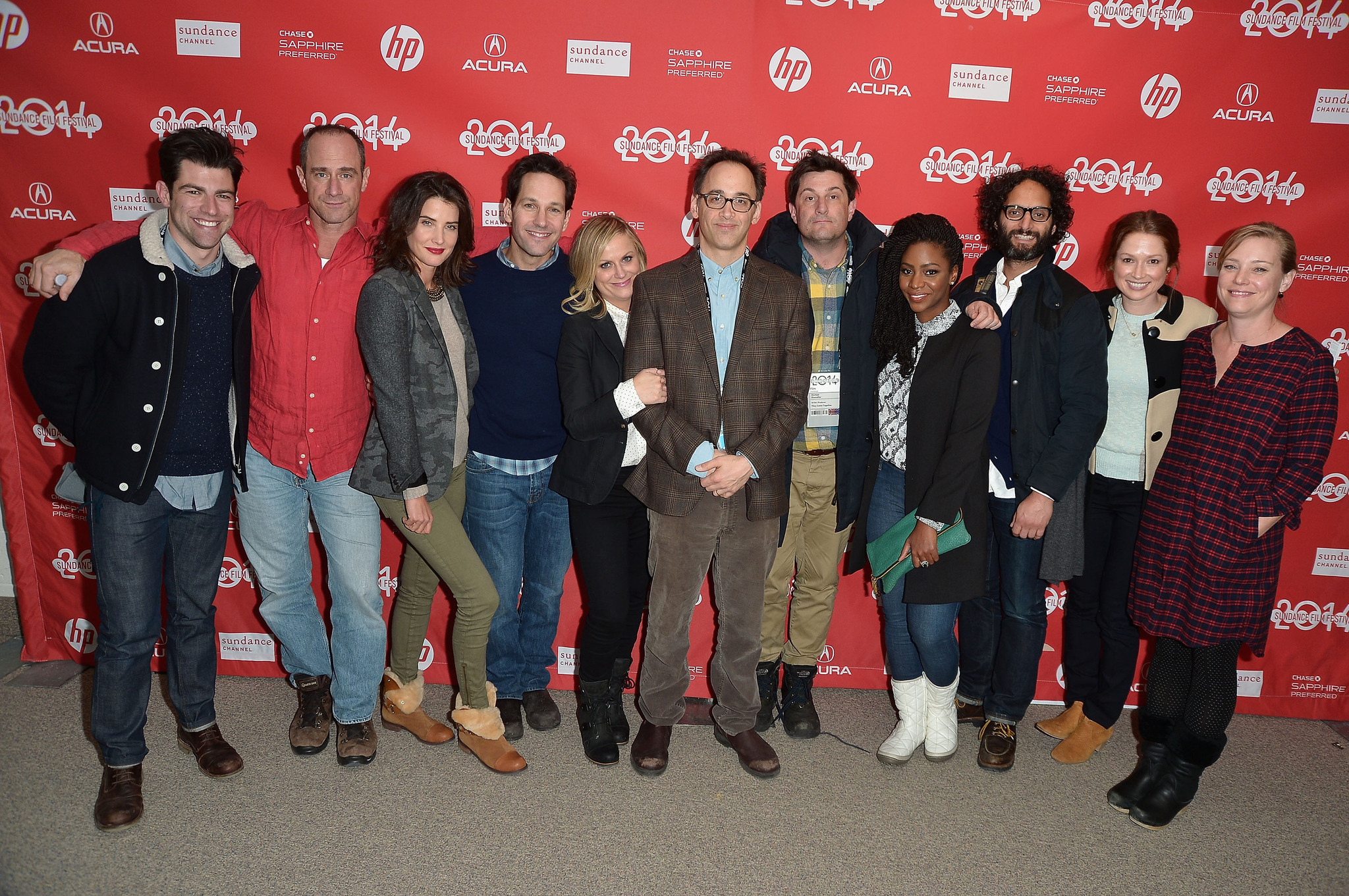 Christopher Meloni, Max Greenfield, Zandy Hartig, Amy Poehler, Paul Rudd, Michael Showalter, David Wain, Cobie Smulders, Jason Mantzoukas, Ellie Kemper and Teyonah Parris at event of They Came Together (2014)