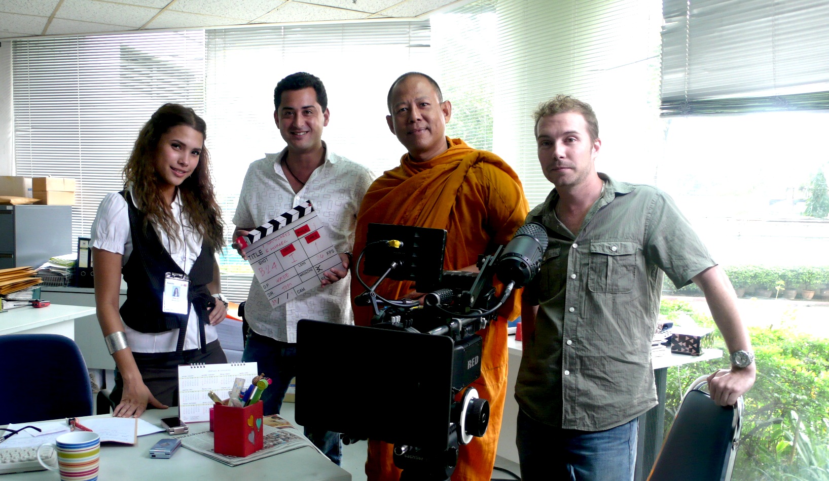 L to R: Actress Charina Sirisinha, Director Tom Waller, Actor Vithaya Pansringarm and DP Wade Muller filming MINDFULNESS AND MURDER