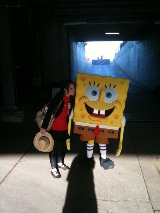 Linda Wang with Sponge Bob Square Pants celebrating the First Pitch at the Angel Stadium of Anaheim