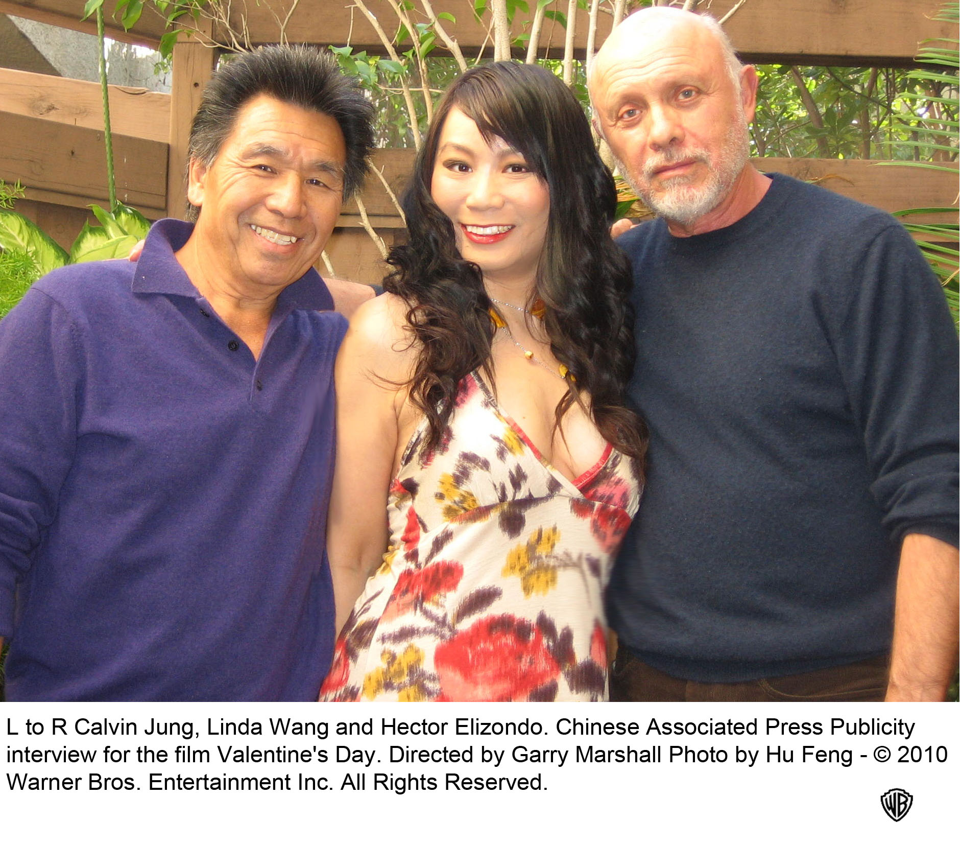 L to R Calvin Jung, Linda Wang and Hector Elizondo. Chinese Associated Press Publicity interview for the film Valentine's Day. Directed by Garry Marshall.