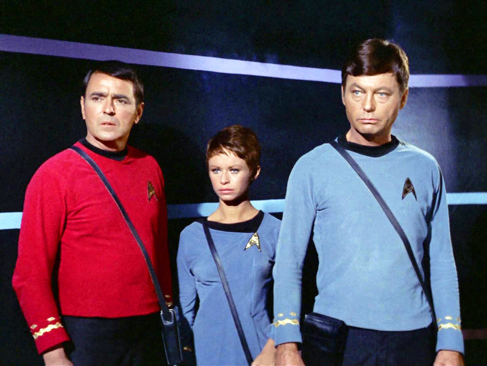 Still of James Doohan, DeForest Kelley and Beverly Washburn in Star Trek (1966)
