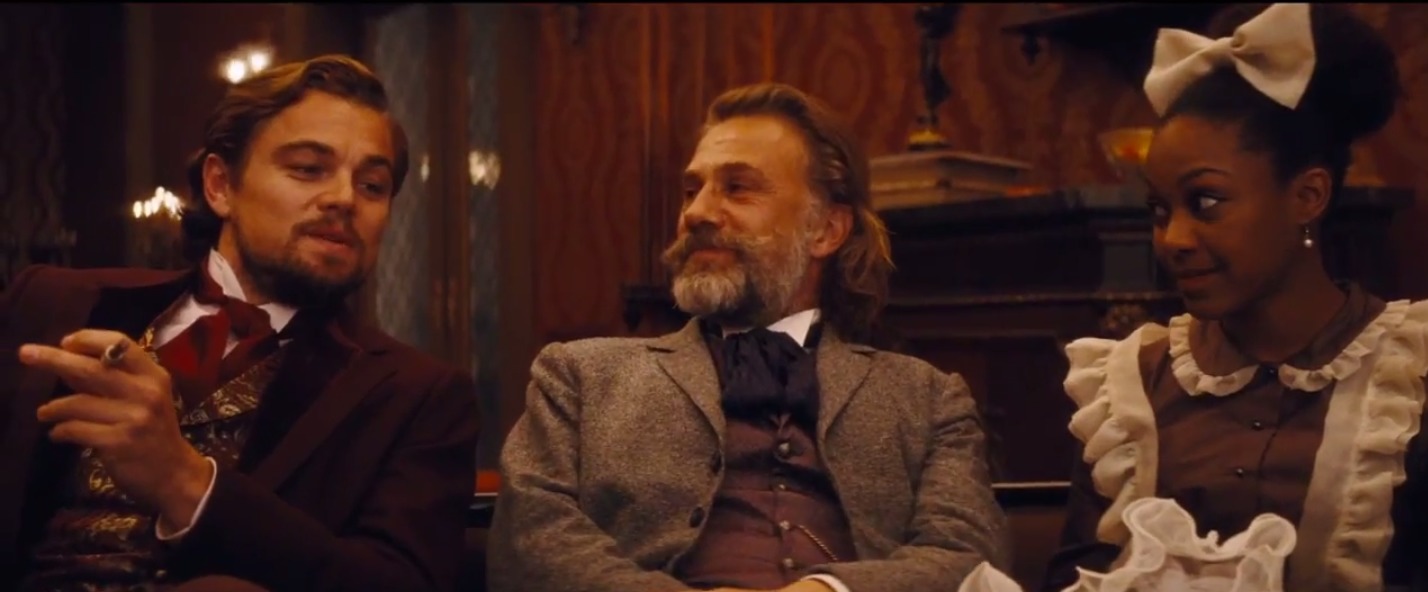 LEONARDO DICAPRIO, CHRISTOPH WALTZ AND DANIELE WATTS IN DJANGO UNCHAINED.