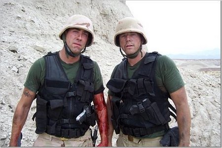 Rob Botts (Cpl Ray Kapler) and Gary Weeks (LCpl David Miller) on the set of Line in the Sand.