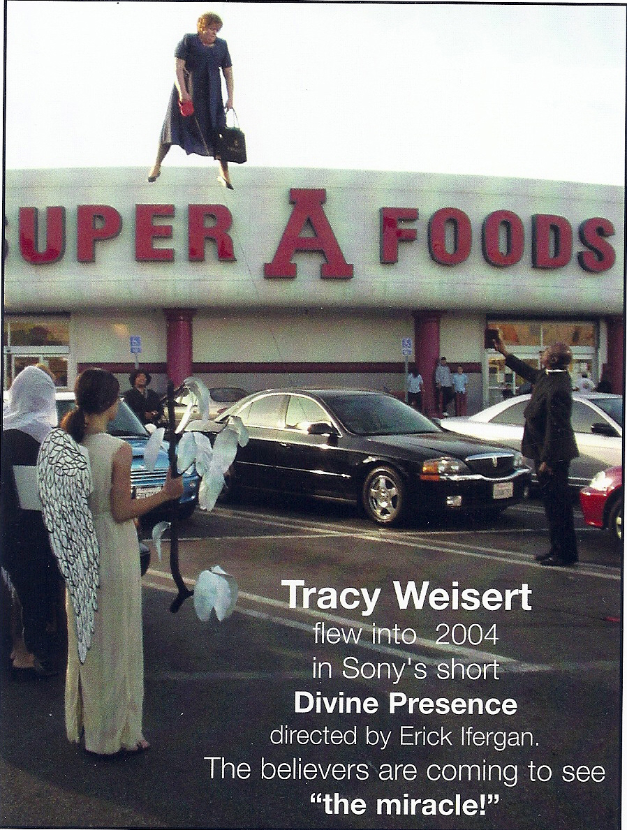 Tracy Weisert on the set of DIVINE PRESENCE directed by Erick Ifergan, hovering on wires 30 feet above the ground in a full body harness.