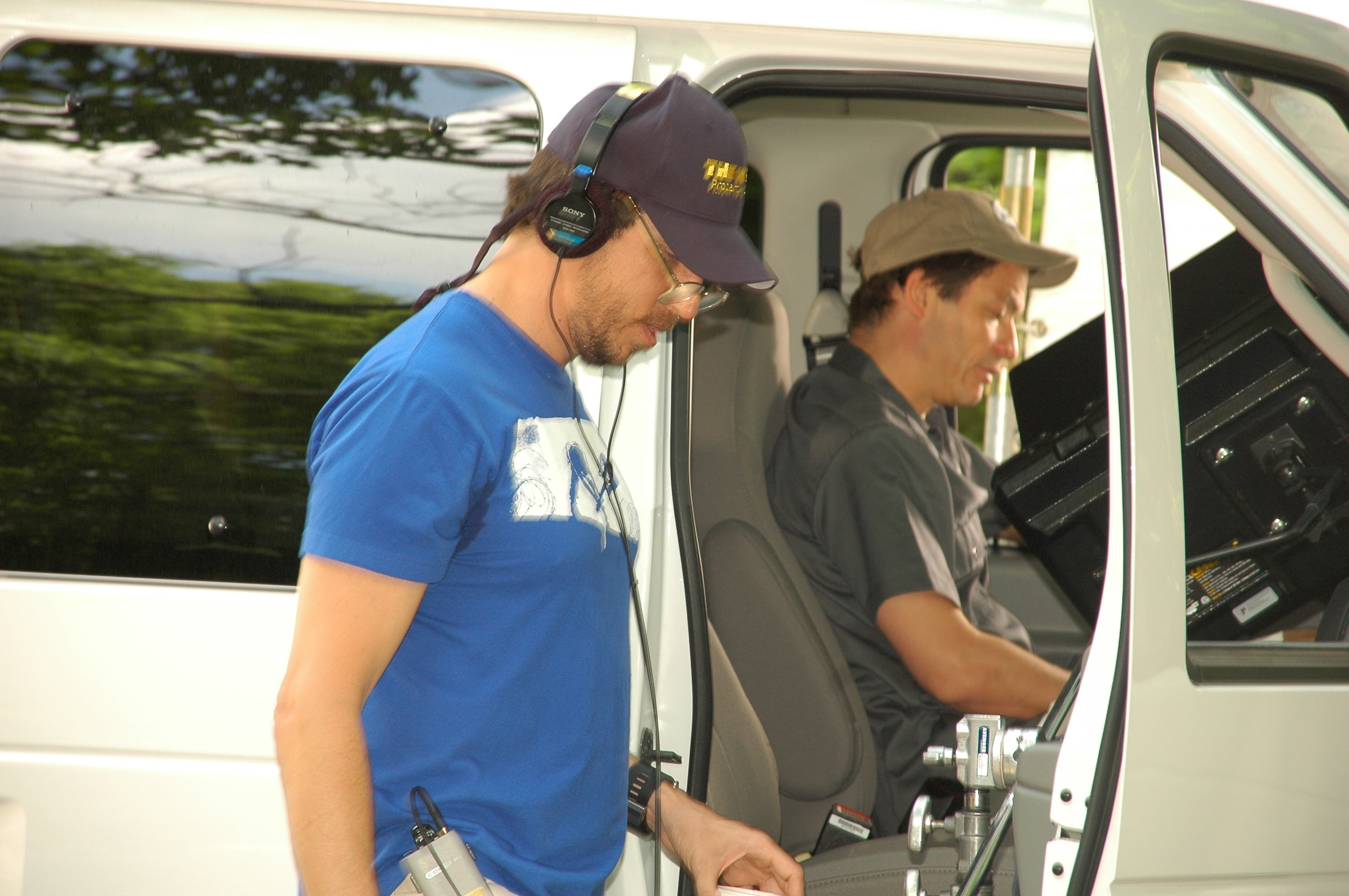 Director Doug Olear and actor Dominic West prepare to shoot a scene in the award winning short film, 