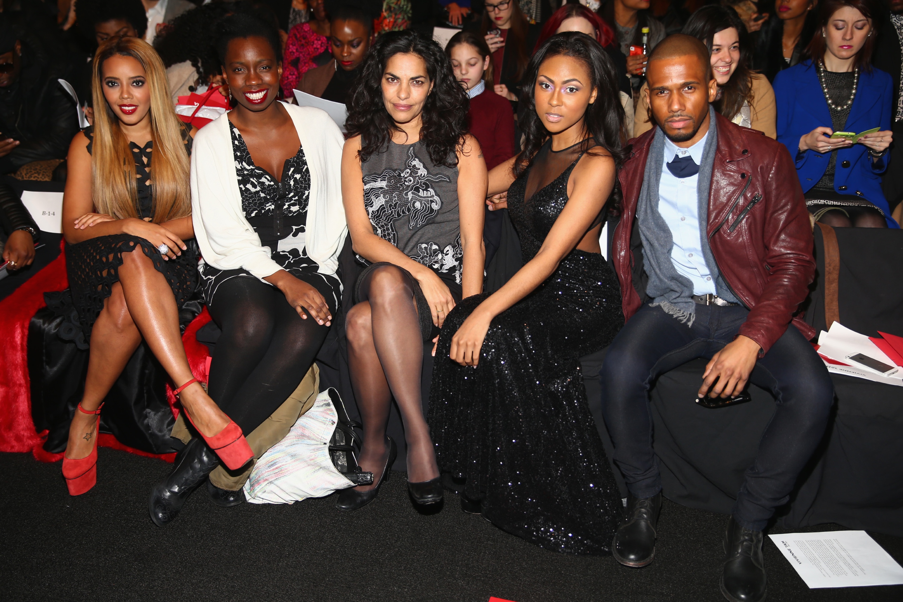Actors Angela Simmons, Adepero Oduye, Sarita Choudhury, Tashiana Washington and Eric West attend the Vivienne Tam fashion show with TRESemme during Mercedes-Benz Fashion Week Fall 2014 at The Theater at Lincoln Center on February 9, 2014 in New York City.