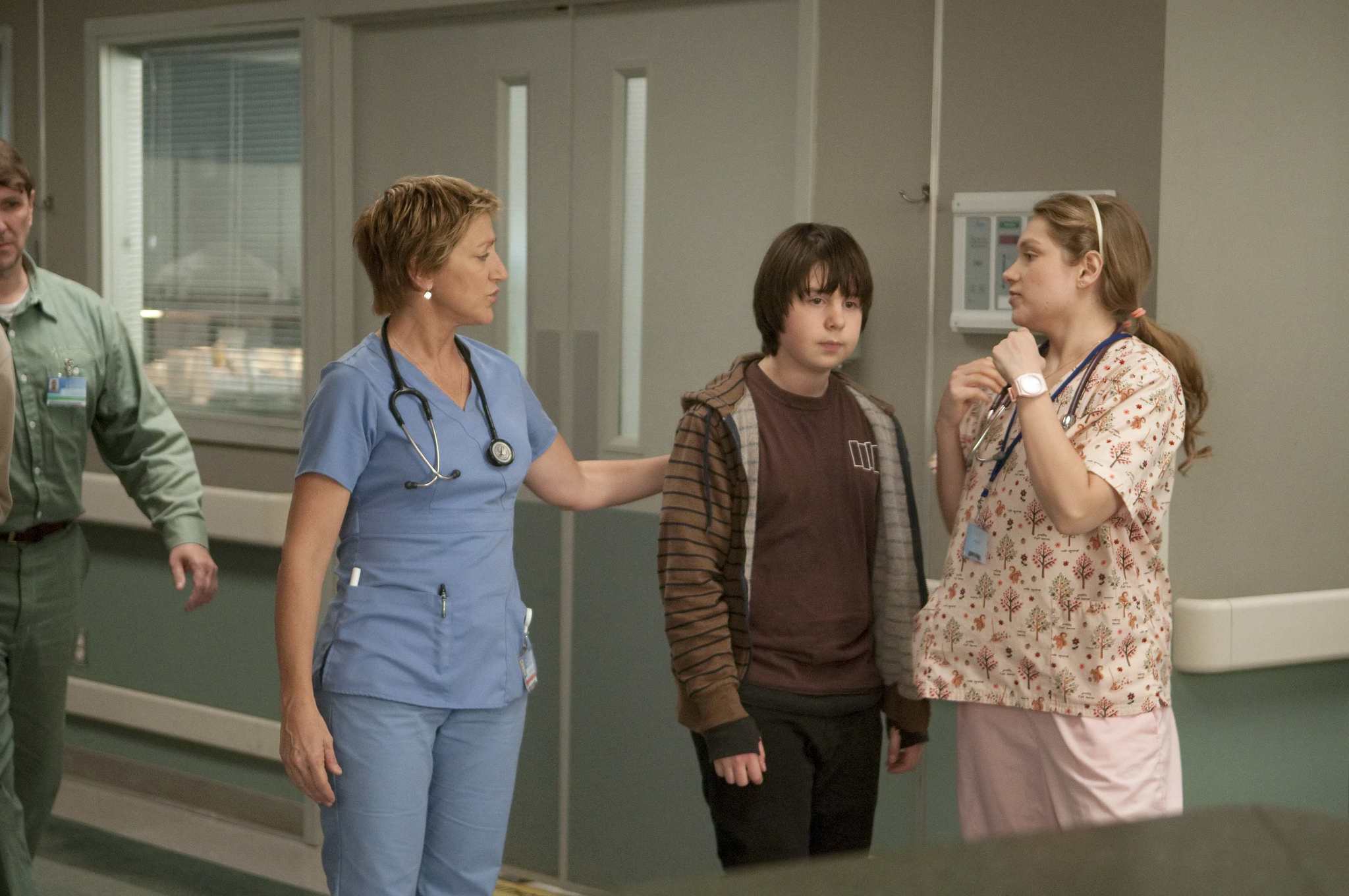 Still of Edie Falco, Merritt Wever and Daniel Yelsky in Nurse Jackie (2009)