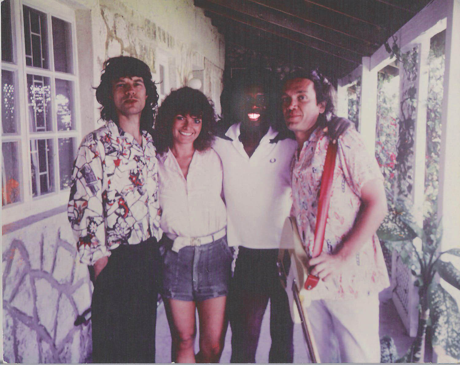 Mick Jagger, Dixie Whatley, Eddie Grant and G.E. Smith at Grant's recording studio in Barbados