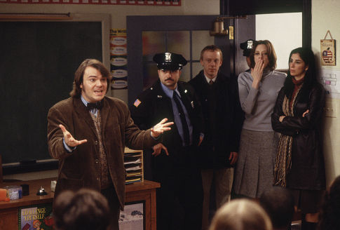 (Left to right) Jack Black as Dewey, Barry Shurchin as Cop, Mike White as Ned, Joan Cusack as Mrs. Mullins and Sarah Silverman as Patty.